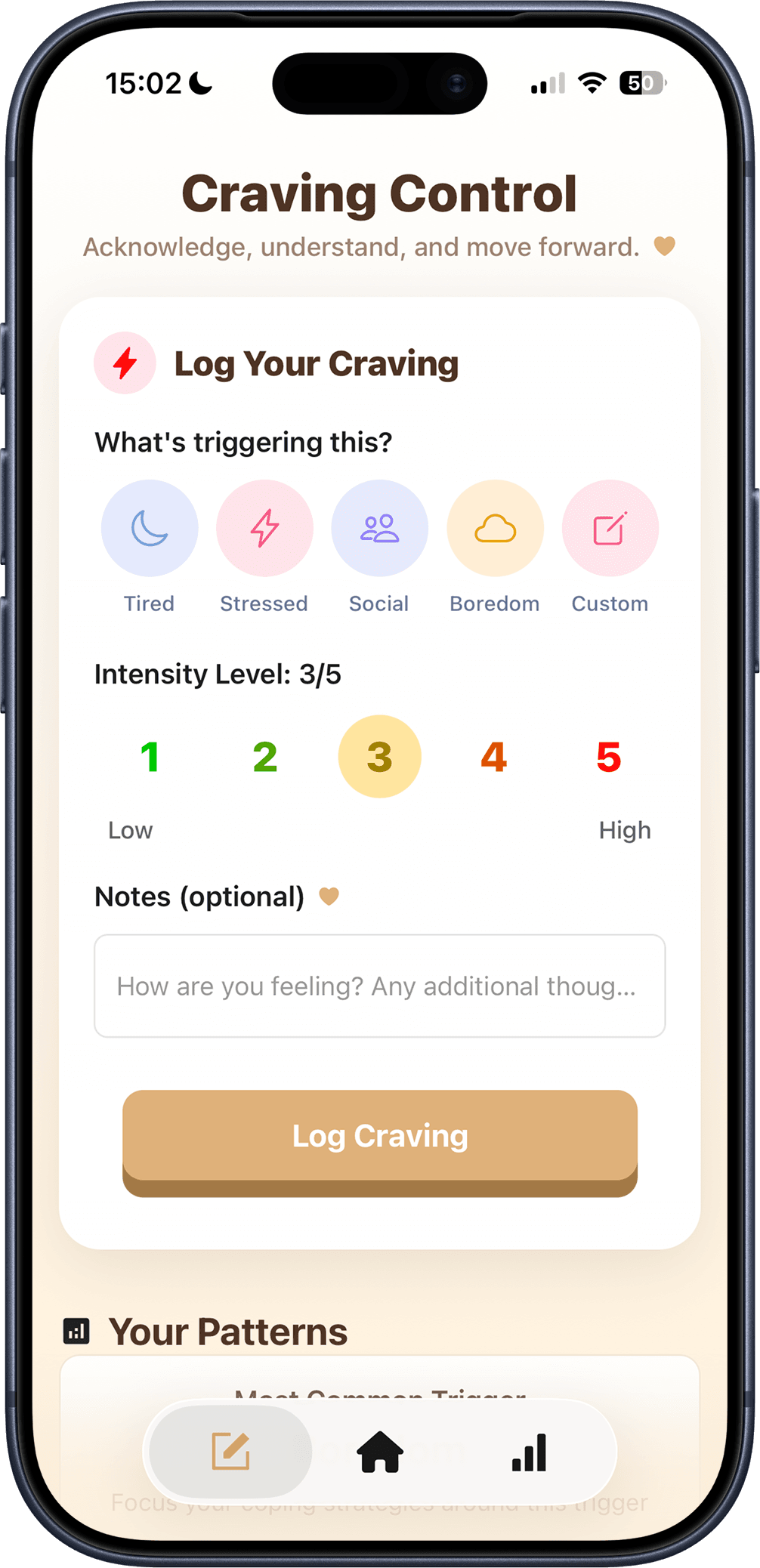 Oneless craving screen with trigger options, an intensity scale, and a log craving button
